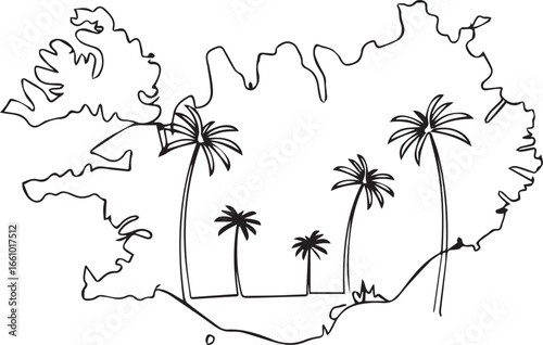 Dreamy Iceland escape with unexpected palm trees, a whimsical travel design element evoking fantasy vacations and tropical destinations, originally scalable vector art