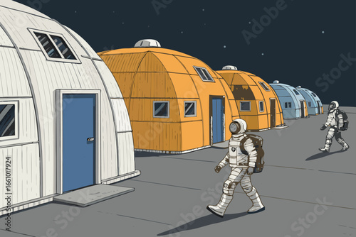 Moon base buildings with astronauts exploring.