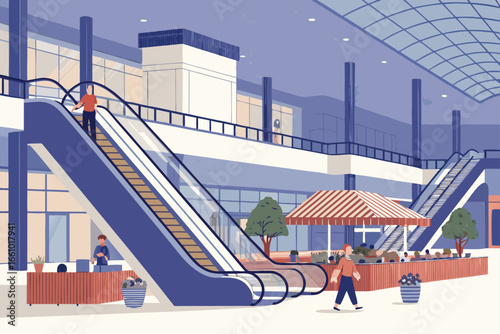 Modern shopping mall market interior with escalator.