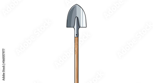 Silver shovel with wooden handle on a pristine white backdrop showcases gardening equipment, tools, farm implement, and landscaping supplies.