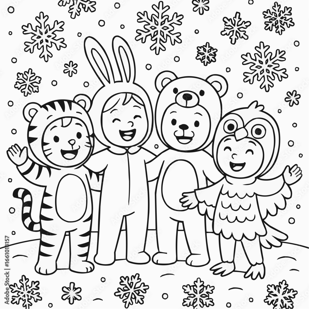 Fototapeta premium Coloring page for kids - Children in animal costumes celebrating winter with snowflakes 