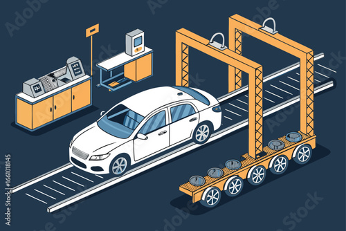 Automotive assembly line with car doors, conveyor belts, moving wheels, and factory machinery, industrial production.