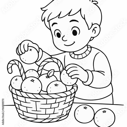 Coloring page for kids - Young boy happily placing oranges into a basket while coloring  