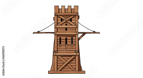 Illustrated Wooden Siege Tower, a Historical Battle Tool Used for Assaulting Fortified Positions and City Walls During Ancient Warfare 150 characters