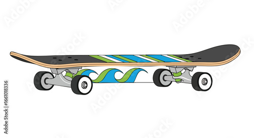Skateboard with an artistic design and eye-catching colors on a clean backdrop for extreme sports illustration
