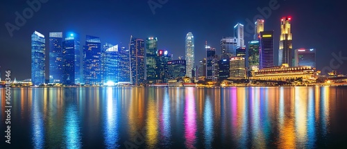 City skyline illuminated at night with reflections.