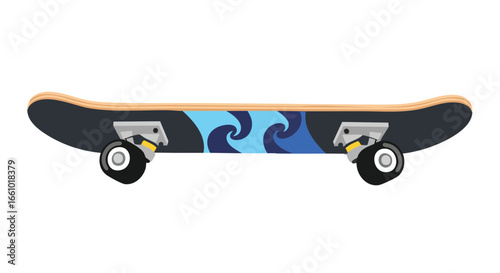 A captivating perspective of skateboard displaying dynamic blue waves design and sleek black undercarriage showcasing mobility and style perfectly