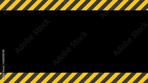 Looped Warning frame animation with yellow and black diagonal stripes. Safety border alert animation with alpha channel for caution, attention, hazard, danger signs in video projects