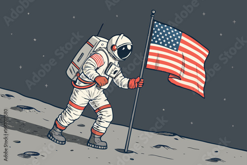 Astronaut plants flag on moon surface, flat.