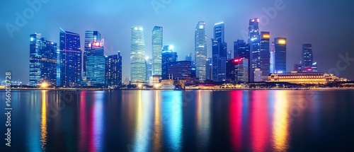 Vibrant city skyline reflecting in water at night.