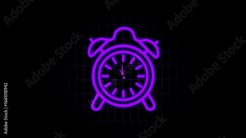 Purple neon alarm clock on black grid background glowing