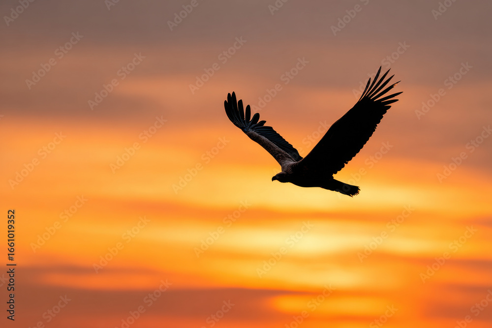 Fototapeta premium Black silhouette of bird flying in wide orange sunset sky, small but meaningful central subject, concept of freedom and vastness with few elements