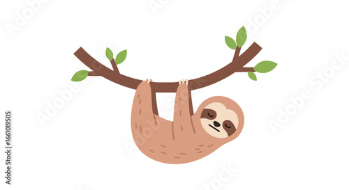 Cute cartoon sloth hanging from a tree branch taking a nap in a peaceful relaxed pose with a happy expression