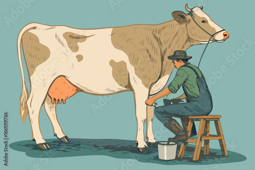 Farmer milking contented cow on rustic wooden stool, natural light, peaceful farm scene.