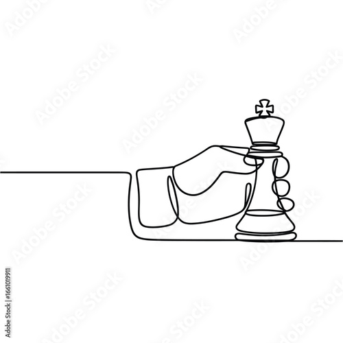 Hand holding a chess king piece in a single line drawing style