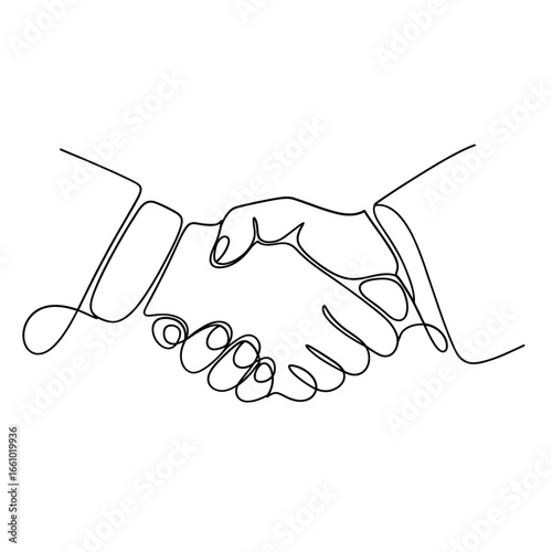 Continuous line drawing of two hands shaking in agreement and partnership