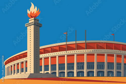 Olympic stadium exterior with giant torch flame.