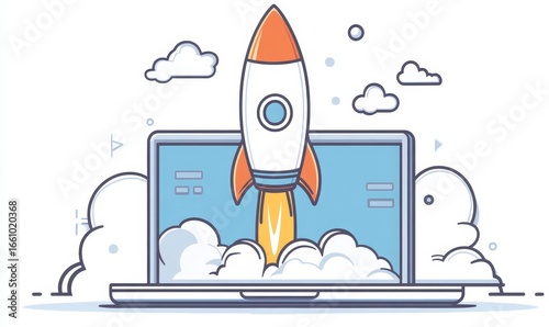 Futuristic rocket launching from an open laptop screen, symbolizing a groundbreaking startup venture, innovative business concepts, and the dynamic initiation of an entrepreneurial, Generative AI
