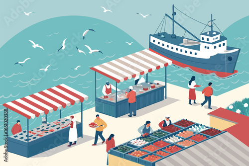 Bustling open fish market by the harbor.