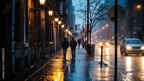 Wallpaper Mural Two pedestrians walking along a wet city street at dusk with streetlights illuminating the scene Torontodigital.ca