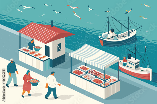 Open fish market by harbor with stalls, fish, boats.