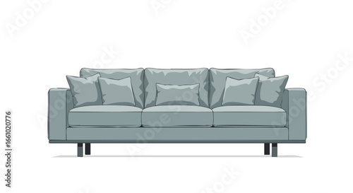 Serenity Lounge: A Detailed Vector Illustration of a Modern, Three-Seater Sofa with Plush Cushions against a Pristine White Canvas, Evoking Comfort