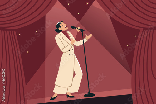 Opera singer illuminated on stage.
