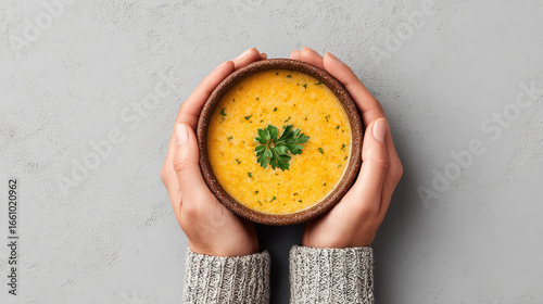 Warm bowl of creamy soup held by hands with cozy sweater