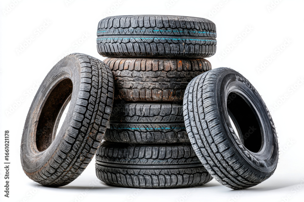 Obraz premium Creative installation of stacked automobile tires isolated on white