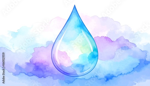 A single teardrop of water sits atop a soft, pastel watercolor cloud