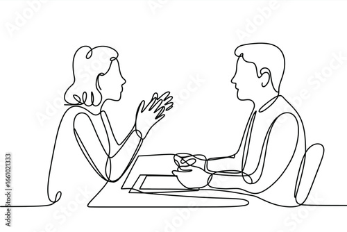 Two people in conversation drawn with a single continuous line