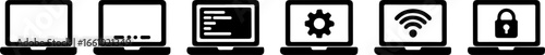 Six laptop icons displaying various functions such as settings wifi and security in black and white