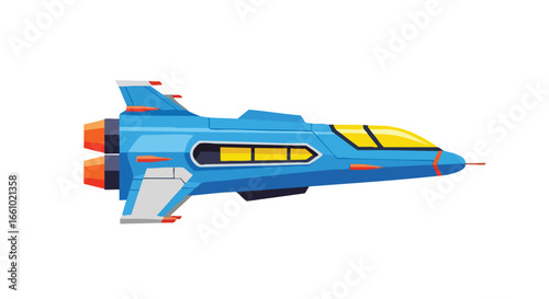 Stylized blue spaceship illustration with yellow and orange accents for cosmic adventures and futuristic expeditions