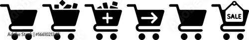 Various shopping cart icons with different symbols and sale tag in black and white vector image