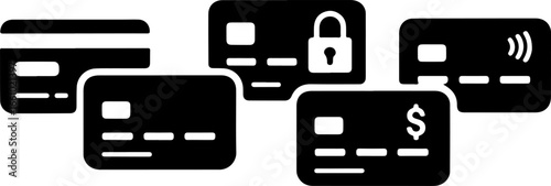 Illustration of five black credit cards with different symbols on a white background in vector format