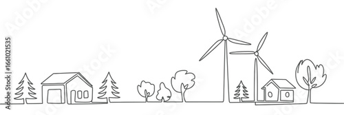 Sustainable living with wind turbines and houses in a minimalist line art style