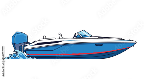 Illustration of a sleek blue and white motorboat speeding on water against a plain backdrop
