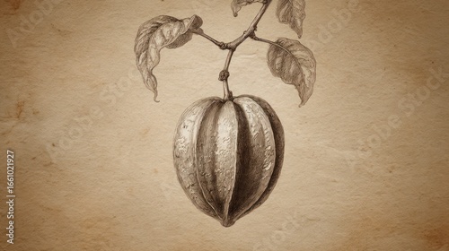Wallpaper Mural Botanical illustration of a fruit hanging from a branch with leaves, on aged parchment Torontodigital.ca