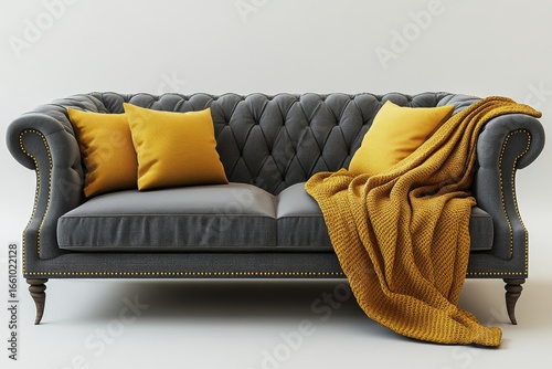 Grey sofa with yellow blanket and pillows, embodying Scandinavian hygge home interior design for a modern living room. 3D rendering, Generative AI