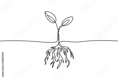 Simple line art of a sprout with roots growing underground