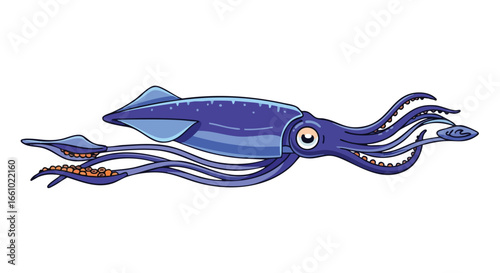 Stylized cartoon squid illustration featuring vibrant blue hues and distinctive anatomical elements in an isolated setting with clean white backdrop