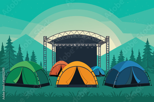 Outdoor music festival with tents and a stage.