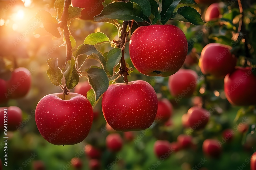 Obraz premium Ripe red apples hang in a sunny�orchard.