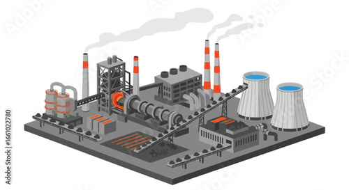 Isometric visualization of a power plant with its main features showing energy production process and environmental pollution with smoke emissions
