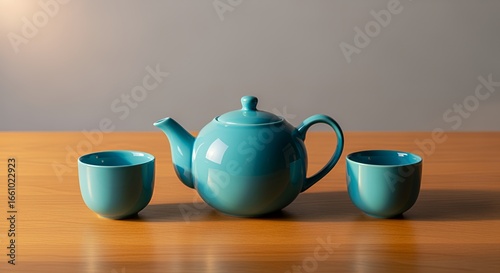 Wallpaper Mural Teal Teapot and Cups on Wooden Table Torontodigital.ca