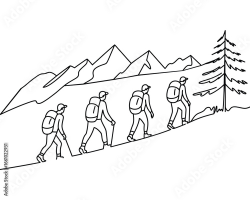 Hikers ascend mountain trail with backpacks and trekking poles