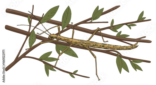 Illustration of a Stick Insect Camouflaged on a Branch with Leaves, Emphasizing Natural Harmony and Deceptive Appearance on White Background