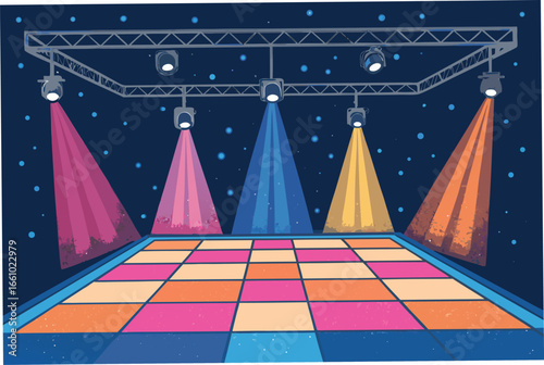 Vibrant dance floor with dynamic, multicolored spotlights creating intersecting beams of light.