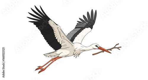 A whimsical stork soars with twig payload against a crisp white backdrop in a serene cartoon depiction of avian architecture and dedicated building