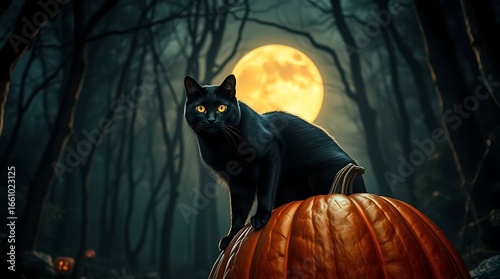 Halloween Scene with a Black Cat, Pumpkins, and a Dark, Foggy Woods